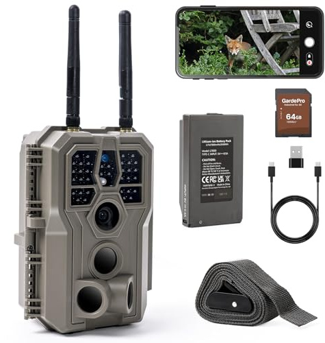 GardePro E8 2.0 Pro Caméra De Chasse Double Antenne WiFi avec Carte SD 64Go, Vidéo 4K H.264 64MP, Batterie Rechargeable 7800mAh, Vision Nocturne À 30m, Détecteur De Mouvement, Déclencheur 0,1s, IP66