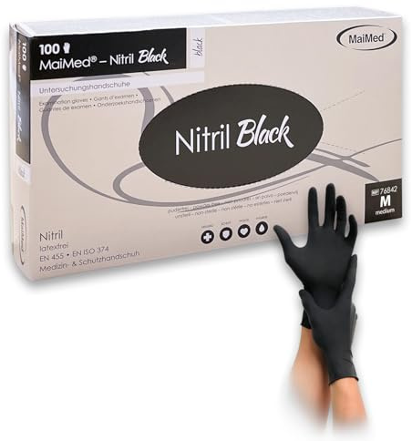 Saxomed Nitrilhandschuhe Schwarz M – 100 Stück – puderfrei, reißfest & latexfreie Einweghandschuhe – ideal für Tattoo, Küche, Reinigung