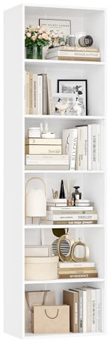 FirFurd Bookcase 6 Tiers Slim Bookshelf Free Standing Wooden Book Shelf with Adjustable Shelves Cube Storage Shelving Unit for Living Room Home Office White 48x30x190.5cm