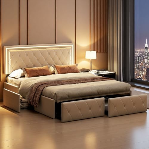 RTYUSWL Polsterbett 160 x 200 cm,Doppelbett mit LED-Kopfteil und 4 Schubladen,Bettgestell mit Verstellbares Kopfteil,Bett mit Lattenrost,Stauraumbetten Jugendbett Bettgestell