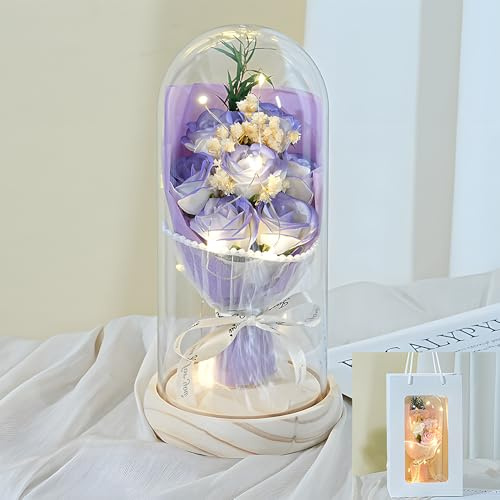 Jonuin Eternal Roses in Glass Dome, 7pcs Artificial Flowers with LED Lights & Real Wood Base, Light Up Rose, Birthday Gift for Women with Gift Bag, Floral Decor for Anniversary Valentine's Day(Purple)