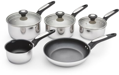 Morphy Richards 5pc Pan Set, Stainless Steel, Dual Pouring Spout, 14cm Milk Pan, 16cm, 18cm & 20cm Saucepans, Non Stick Ceramic Coating, Tempered Glass Lid, Soft Touch, Suitable for All Hobs, 859505
