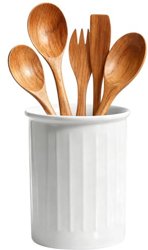 DRERIO Küchenutensilienhalter Keramik für Küchentheke, 13,4 x 11 cm Porzellan Utensilienhalter Küche, Relief Besteckhalter Kochlöffelhalter für küchenutensilien zum Organisieren, Weiß