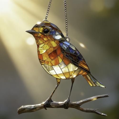 Robin On Branch Sun Catchers For Window, 2D Acrylic Hanging Robin Suncatcher Ornaments, Handmade Stained Glass Bird Pendant, High Transparency Clear Ornament With Bird Patterns For Tree, Wall