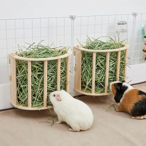 Xygobla 2PCS Hanging Wooden Guinea Pig Hay Feeder | Wall Mountable Rabbit Grass Rack Holder, Less Wasted Food Feeding Accessories for Guinea Pig, Hamster & Chinchilla