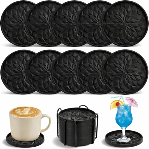 Silikon Untersetzer Set – 10er Untersetzer für Gläser & Tassen, Glasuntersetzer & Getränkeuntersetzer Extra Dick, rutschfeste Tassenuntersetzer mit Halter, Untersetzer für Gläser Schwarz