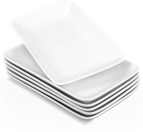 RWFMO 6 Pack Porcelain Rectangular Plates, White Ceramic Serving Plates Large Dessert Platters Serving Trays Party Dinner Plate for Dessert Buffet Snack Steak Fruit, 24.7 cm x 15.6 cm