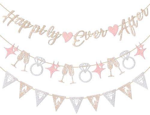 Hopecore Pre-Strung Happily Ever After Banner Set, Pink & Gold Glitter Wedding Bunting Decorations with Diamond Ring & Champagne Glass Cutouts for Bridal Shower, Engagement Party, Wedding Reception