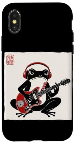 Grumpy Frog Guitariste Rock Musique Japonaise Art sur Bois Coque pour iPhone X/XS