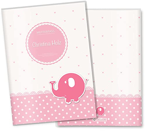 OLGS 3-teilige Mutterpasshülle personalisierbar rosa Herzchen Babybauch Schwangerschaft Geschenkidee Schutzhülle Mutterpass | Mit Fach für Ultraschallbilder (Mutterpass personalisiert, Elefant)