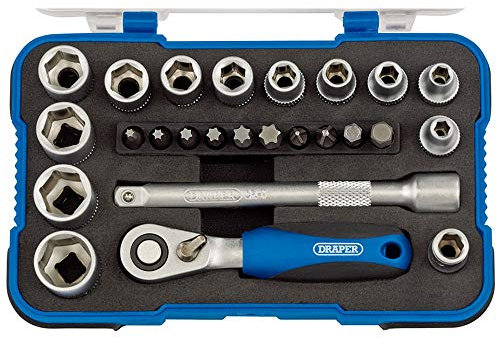 Draper 1/4 25 Piece Square Drive Metric Socket Set | Micrometre Reversible Hand Tool |Soft Grip Ratchet | 12 Metrics Sockets Mechanics Car Tools | Plastic Storage Case | Hex Bit Adaptor | 16354