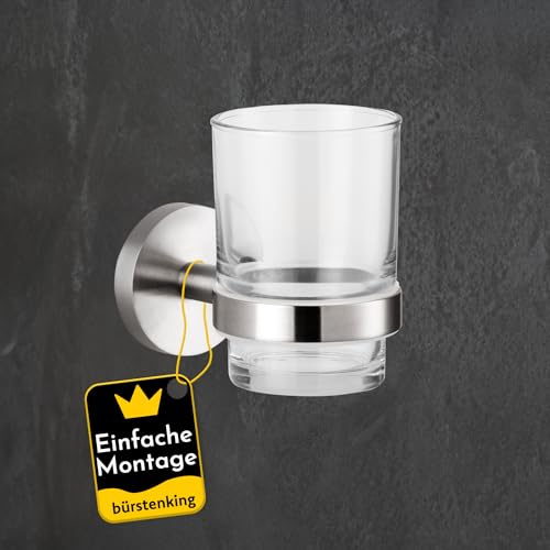 Bürstenking Zahnbürstenhalter mit Zahnputzbecher, stilvolle Halterung für Zahnputzbecher & Zahnpasta, Edelstahl matt gebürstet, einfache Wandmontage, Zahnbürstenhalter mit Becher, Teil der Serie 190