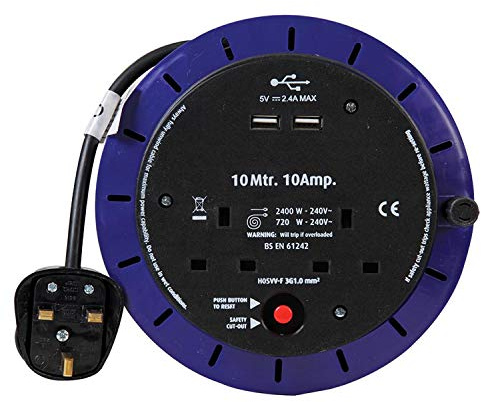 Ex-Pro 2 Way 10M Mains Socket Cassette Reel Extension Lead Cable with 2x USB Charging Ports and Safety Cut-Out Switch 10A - Ideal for Workshops, Offices, Warehouses, DIY and more - Black/Blue