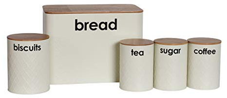 Denny International 5pc Kitchen Storage Set with Airtight Bamboo Lids Includes Tea Coffee Sugar with Matching Biscuit Barrel Canister Jar & Bread Bin BY Crystals® (Cream)