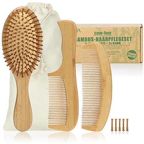 COM-FOUR® Set premium per la cura dei capelli di 3 pezzi - spazzola multiuso e due pettini per lo styling in legno di bambù (Pettini in 3 parti + spazzola)
