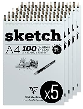Clairefontaine 96644C - Packung mit 5 Skizzenblöcken mit Doppelspirale SKETCH-Papier, DIN A4 21x29,79cm, 100 Blatt Elfenbein, 90g, 1 Pack