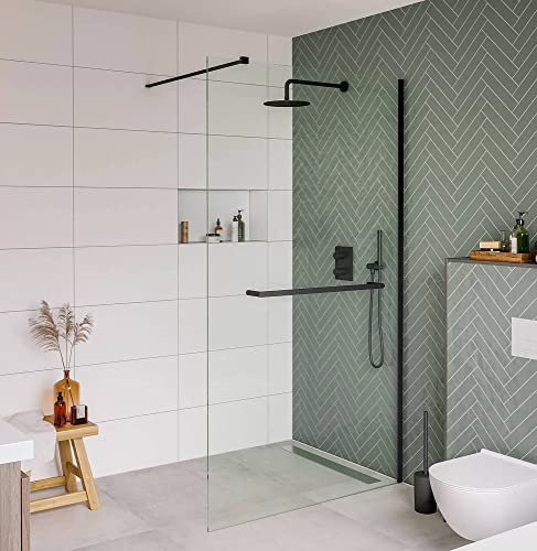 Saqu Modulo Duschwand inkl. Handtuchhalter und Antikalk 120x210 cm - Walk in Dusche mit Stabilisator - NANO Glas Duschtrennwand Badewanne Duschwand Matt Schwarz