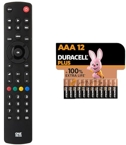 One For All URC1210 Contour Universal Control of TV/Smart TV - Guaranteed to work & Duracell Plus AAA Batteries (12 Pack) - Alkaline 1.5V - Up To 100% Extra Life