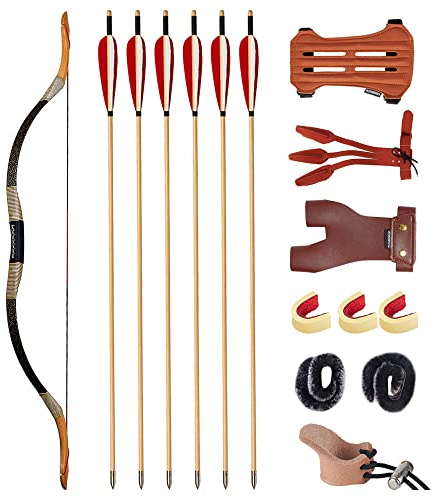 Huntingdoor Longbow Set Arco e Freccia per Adulti 30-50lbs Arco Tradizionale Arco Ricurvo Arco da Cavallo con Frecce in Legno Accessori per Tiro con L'Arco per Pratica del Bersaglio (30lbs)