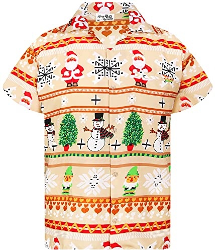 King Kameha Funky hawaii-skjorta för män, kortärmad, frontficka, Hawaii-tryck, X-Mas, jul, ren, jultomte, snötryck, Christmas Rows Beige, 4XL