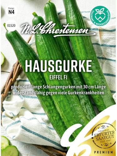 Hausgurke Eiffel F1 Saatgut | Gewächshausanbau, bis 30 cm lange Früchte, rein weibliche Blüten, widerstandsfähig gegen Gurkenkrankheiten