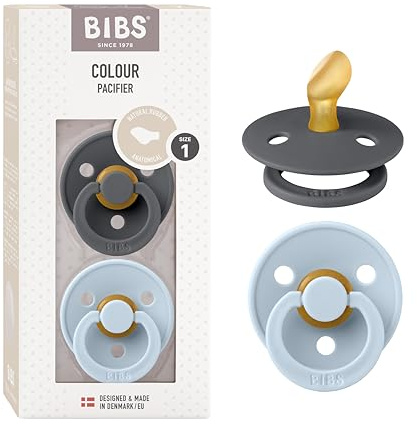 BIBS Colour Anatomical Schnuller 2er Pack, BPA-frei Dummy-Schnuller, Kiefergerechte Form. Naturkautschuk/Latex, Hergestellt in Dänemark. 0-6 Monate (2er Pack), Iron/Baby Blue