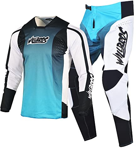 Willbros Motocross Jersey Pant Combo Men Women Motorcycle MX Gear Set Cycling Offroad Dirt Bike Adult Riding BMX ATV White Blue (Jersey S Pants 30)