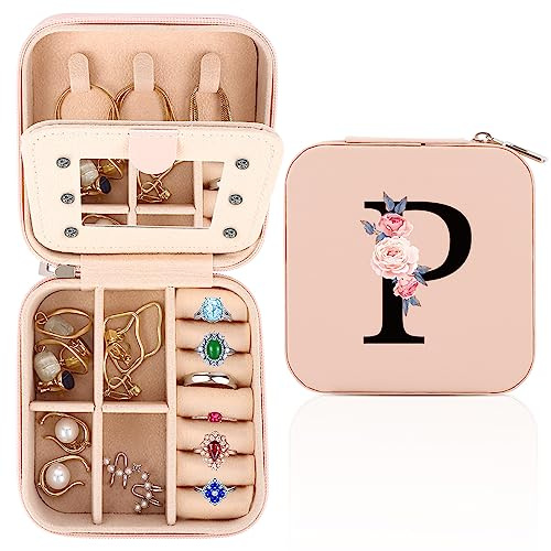 WALLFID Travel Jewellery Box,Alphabet Jewellery Organiser,Portable Jewellery Box,Small Travel Jewellery Storage Case with Mirror,Birthday Gift for Women,Mothers Birthday Valentines Day Gift Ideal (P)