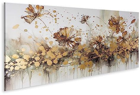 islandburner Tableau sur toile Peinture à l'huile florale abstraite fleur d'or éclaté blanc doré Cadre Affiche Poster Murale Tableaux