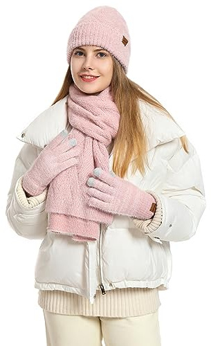 CAMLAKEE Wintermütze Schal Handschuhe Set Damen Strickmütze Handschuh Nackenwärmer Frauen Strickset