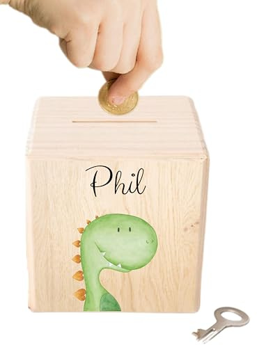 wunderwunsch - Personalisierte Spardose Kinder aus Holz mit Metallschloss - Spardose mit Namen mit kinderfreundlichem UV-Druck zum Sparen für Kinderträume