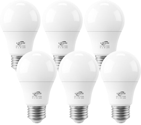 LOEODO E27 Screw LED Bulb, 9W=60W, 2700K Warm White, 806LM, Pack of 6 | ES A60 LED Bulbs, Large Edison Screw in Light Bulb, Save Energy, Non-Dimmable, No Flicker