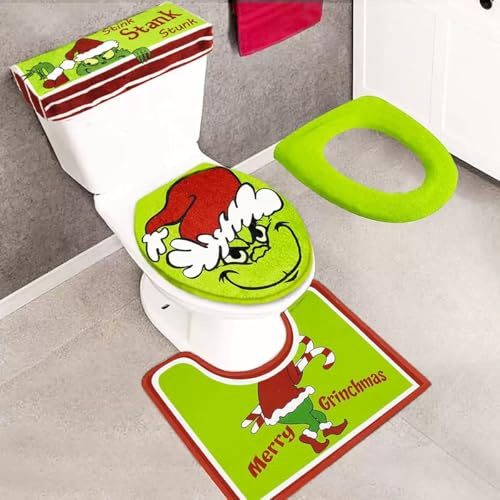 GINGER TECH Weihnachten Grinch Dekoration Toilettenbezug & Teppich Set, 4 Stück Badezimmer Grinch Dekorationssets, Lustige Weihnachten Badematte, U-förmige Kontur WC Vorleger, rutschfest