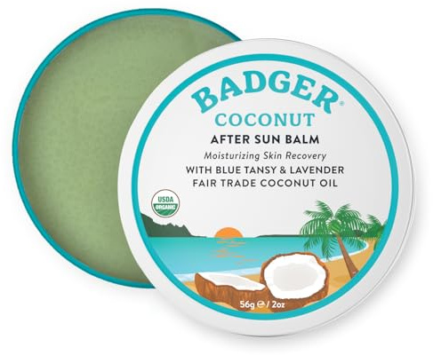 Badger Coconut AfterSun Balm, 100% Organic Soothing Sunburn Relief, Great Smelling, Moisturizing & Hydrating After Sun Skin Care, 2 oz Tin