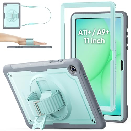 SEYMAC stock Hülle für Samsung Galaxy Tab A11+ Plus/A9+ Plus 11 Zoll 2025/2023, Stoßfeste Hülle mit Displayschutz, Stifthalter, 360° Drehbarer Ständer/Handschlaufe & Schultergurt, Hellblau/Grau