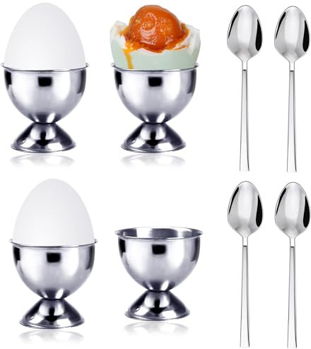 Eierbecher aus Edelstahl für weich gekochte Eier, 8er Set mit 4 Eierbechern und 4 Eierlöffeln, Eierhalter Tablett, Eierstnder für Jeden Frühstückstisch Hart und Weichgekochten Eiern, Küchewerkzeug