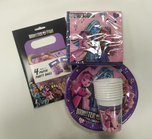 Lote de Vajilla Juvenil Monster High (40 Vasos, 40 Platos (23 cm), 40 Servilletas y 40 Bolsas) .Detalles y Decoración para Fiestas de Cumpleaños, Halloween, Bodas, Bautizos, Comuniones. AB