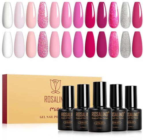 ROSALIND Smalto Semipermanente Unghie Rosa,12 Colori Bianco Chiaro Rosa Nude Rosa Neon Semipermanente Unghie Colori, Soak Off UV/LED Smalto Semipermanente Fucsia Primavera Estate