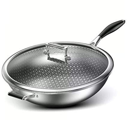 OQHAIR Wok per induzione Wok in Acciaio Inox 304 Padella Antiaderente Wok Fornelli a Gas Piano Cottura a induzione fornello a Gas Pentola Speciale 34 cm