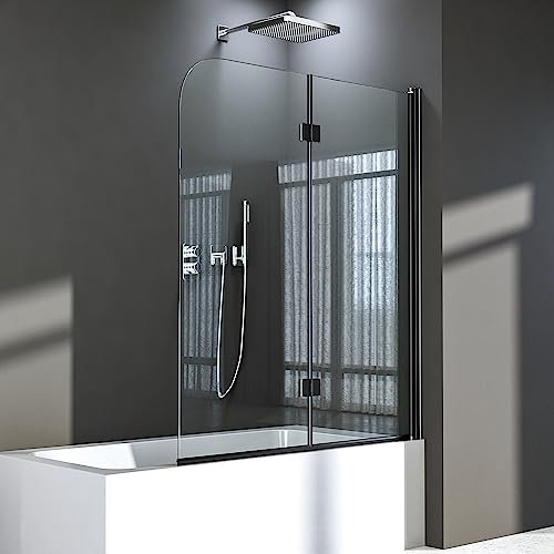 Duschwand für Badewanne 120x140cm Schwarz Badewannenaufsatz 2-teilig Faltbar Duschabtrennung Badewanne aus 6mm Gehärtetem Glas mit Nanobeschichtung Faltwand Duschtrennwand