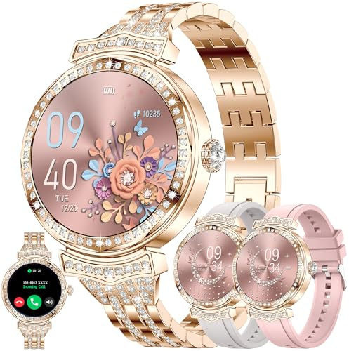 LWEARKD Smartwatch Damen mit Bluetooth Anrufe, 1,32 AMOLED Touch-Farbdisplay 5ATM Fitnessuhr mit SpO2 Blutdruckmessung Herzfrequenz Schrittzähler Schlafmonitor, Fitnessuhr für iOS Android (Gold)