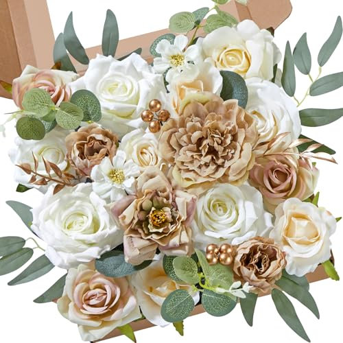 Alecono Artificial Flowers, Silk Fake Flowers for DIY Wedding Bridal Bouquets, White Wedding Cake Flowers for Table Centerpieces Baby Shower Birthday Party Home Decorations