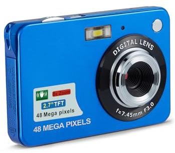 Cámara Digital 4K, 1080P FHD 44MP con Pantalla LCD de 2,7, Zoom de 8X Cámara Compacta, Cámara Portátil Antivibración con Cordón y Bolsa para Niños, Estudiantes y Principiantes (Azul)