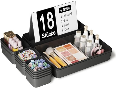 Homhut Schubladen Organizer 18 Stück für Küche Bad Büro Schreibtisch | 4 Größen Orgenizerboxen, Schminktisch Organizer, Schubladen Ordnungssystem, für Makeup Badezimmer
