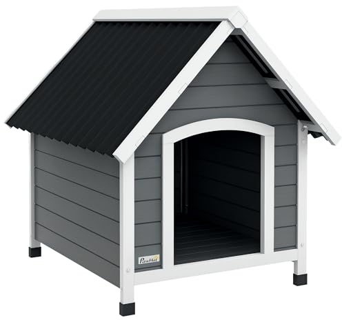 PawHut Hundhus utomhus i trä, hundhus med avtagbart golv, höjdjusterbara plastben, utomhus hundkoja, för medelstora hundar, 75 x 88 x 82 cm, grå
