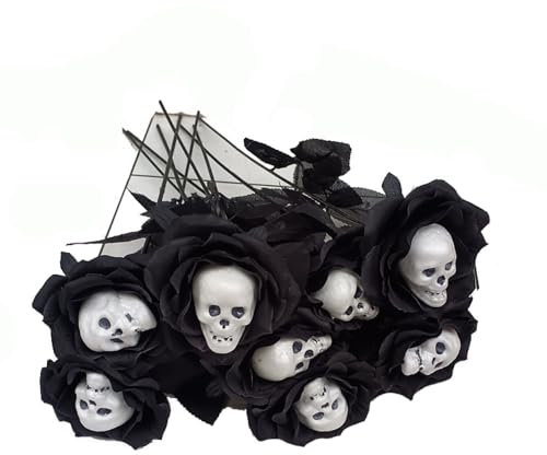 Anevous 10 Stück Halloween Rosen Künstlich mit Totenkopf, Simulation Rosenblume Künstliche Seidenrosen Blumen Rose für Halloween Dekoration, Partys Zuhause Hochzeitsdekoration,Schwarz