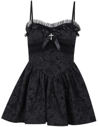 YINGWIN Abito da donna Y2K Rose strutturato gotico Halter abito senza maniche Emo Lolita abiti in pizzo mini A-line pieghettato swing abito da donna vintage elegante abiti da sera, Nero , S