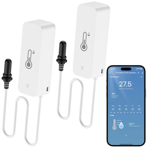 WIOONI WLAN Thermometer Hygrometer Innen Außen, WiFi Temperatursensor mit Externem Sensor und Tuya/Smart Life App für Pool, Teich, Aquarium, Gewächshaus, Kühlschrank, Terrarium, 2 Pack