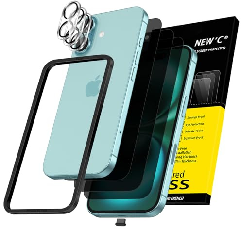 NEW'C 3 x Sichtschutz für iPhone 16 Plus für Panzerglas (6,7 Zoll) und 3 x Kamera Panzer Schutz Glas Kameraschutz-Einfaches Installationswerkzeug enthalten+Staubschutzstöpsel-Verbesserter 28-Grad