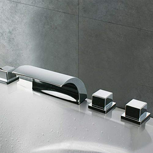Duschsystem Wannenbatterie, 5 Loch Set Badewannenarmatur Handbrausearmatur Wasserfall Badewanne Wasserhahn Edelstahl Modern Armatur für Bad Badezimmer, Silber